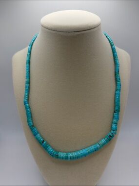Turquoise and Sterling Silver graduated Heishi necklace signed SMT